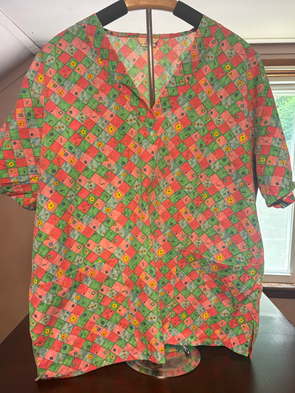 Vibrant & Fun Expo Pink Checkered Floral Scrub Top